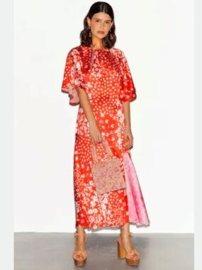 Never Fully Dressed Red Carmen Floral Midi Dress Satin Floral Size US 8